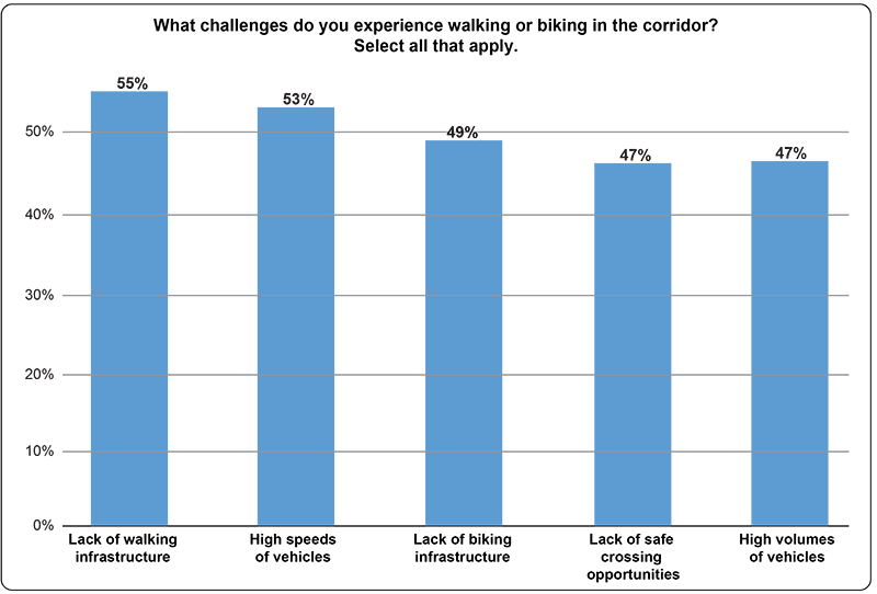 Figure 17
Challenges Walking or Biking on Route 1
Figure 17 shows a chart displaying the survey respondents’ walking and biking challenges. 
